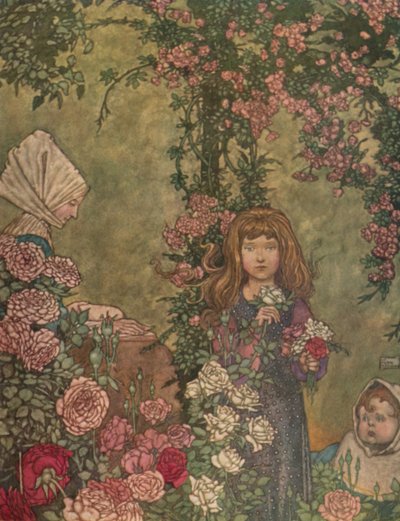 De boerin zat op zondagen bij de deur van haar huisje haar gezangboek te lezen, ca. 1930 door William Heath Robinson