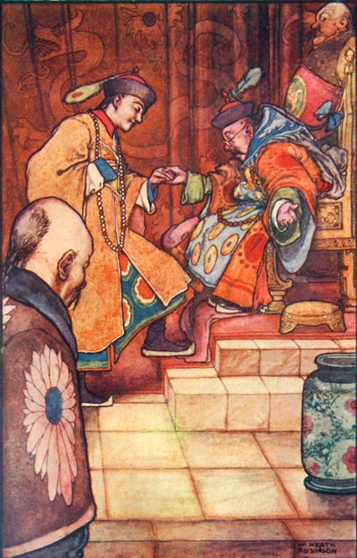 Toen de jonge man aan zijn voeten viel, hield de Sultan hem bij de hand door William Heath Robinson