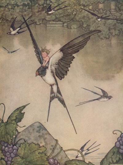Ja, ik zal met je meegaan! zei Tommelise, ca. 1930 door William Heath Robinson