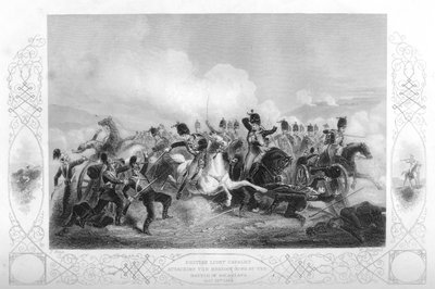 Lichte cavalerie die de Russische kanonnen aanvalt bij Balaclava tijdens de Krimoorlog door W. Hulland
