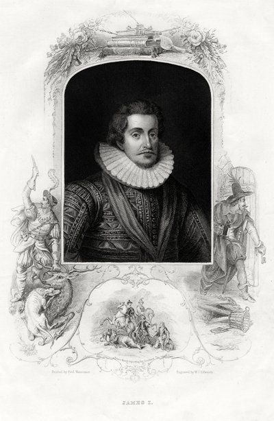 James I, koning van Engeland en Schotland, 1860 door W. J. Edwards