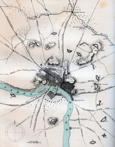 Een kaart van Richmond en omgeving met alle batterijen, 1862-1867 door W Kemble