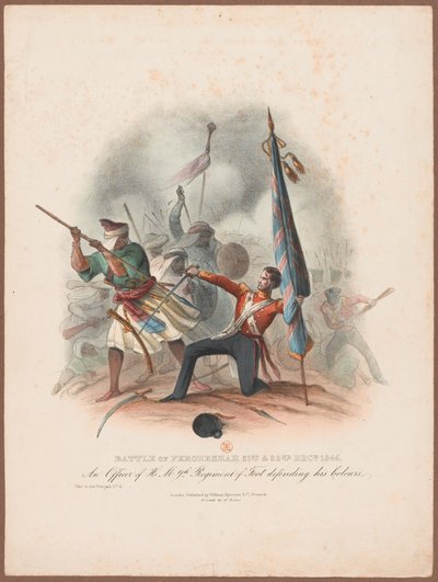 Slag bij Ferozeshah, 21 en 22 december 1845. Een officier van het 9e regiment verdedigt zijn kleuren door W. Kohler