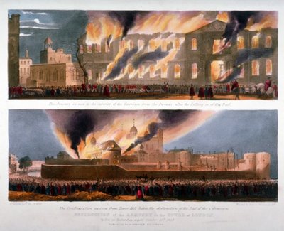 Twee uitzichten op de vernietiging van het arsenaal in de Tower of London door brand, 30 oktober 1841 door W Kohler and Co