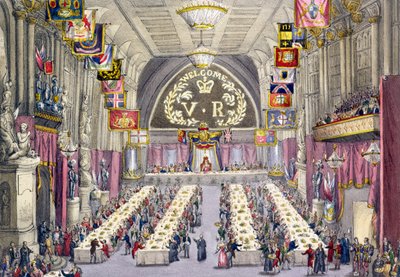 De Gemeenteomroeper Verklaart de Toast van Gezondheid aan Koningin Victoria op een Banket gehouden in de Guildhall, 1837 door W. Lake