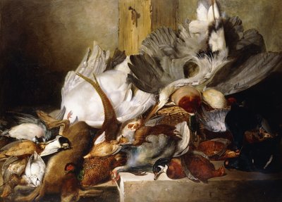Een Stilleven van Dode Vogels; Een Reiger Hangend aan een Muur, Eend, Fazant, Patrijs, Houtsnip, een Zwaan en een Duif met een Haas, 1845 door W. Oakes