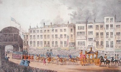 Uitzicht op Temple Bar tijdens het Bezoek van Koningin Victoria aan de City of London in 1837 door W. R. Browne