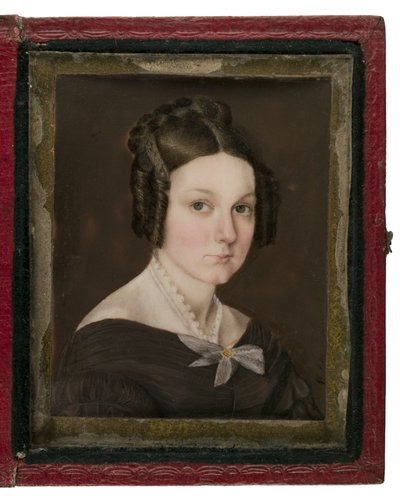 Miniatuurportret van Sally Ann Gage, ca.1837 (wc op ivoor, leer, koperlegering & glas) door W. R. Herve