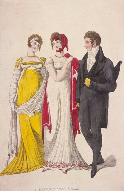 Twee vrouwen en een man in avondkleding, ca. 1810 door W Read