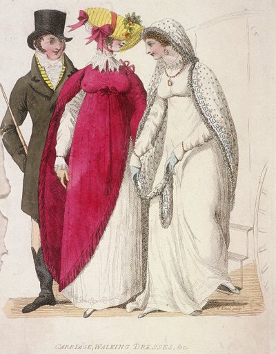 Twee vrouwen in wandeljurken vergezeld door een man, ca. 1810 door W Read