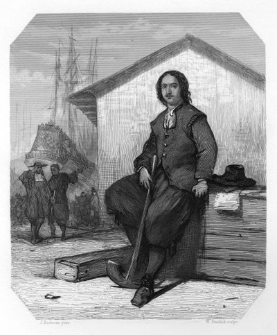 Tsaar Peter I van Rusland werkt aan een Oost-Indiëvaarder, Amsterdamse dokken, Nederland, 1697 ca. 1870 door W. Steelink