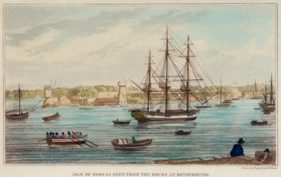 Isle of Dogs gezien vanaf de dokken in Rotherhithe door W. Timms
