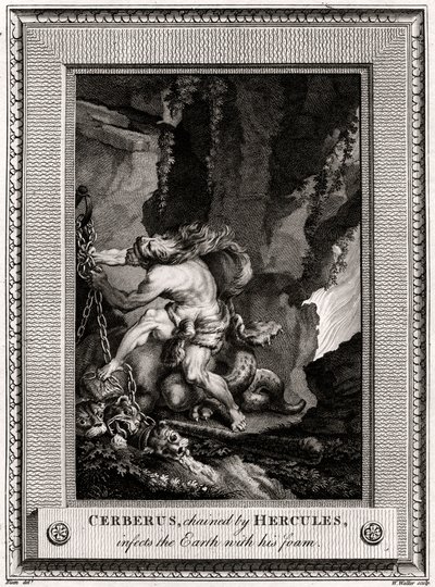 Cerberus, geketend door Hercules, besmet de aarde met zijn schuim door W. Walker