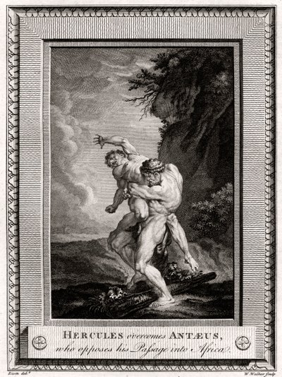 Hercules overwint Antaeus, die zijn doorgang naar Afrika tegenhoudt, 1775 door W. Walker