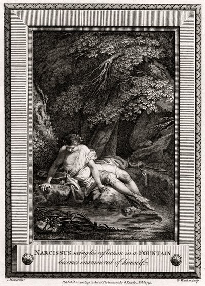 Narcissus ziet zijn reflectie in een fontein en wordt verliefd op zichzelf door W. Walker