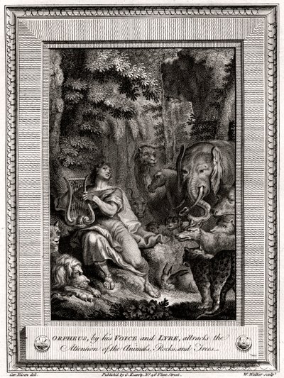 Orpheus, door zijn stem en lier, trekt de aandacht van de dieren, rotsen en bomen, 1774 door W. Walker