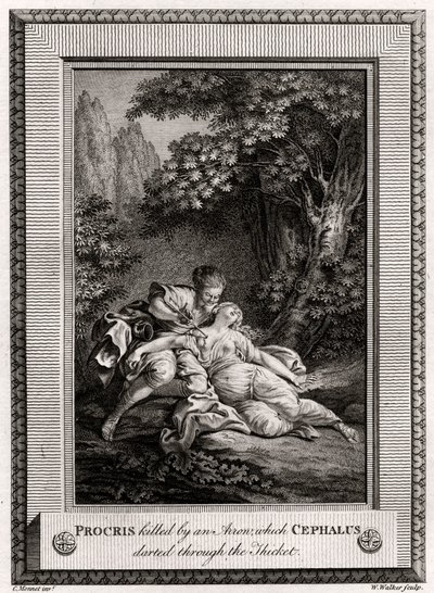 Procris gedood door een pijl die Cephalus door het struikgewas schoot door W. Walker