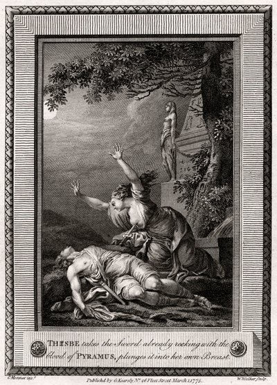 Thisbe neemt het zwaard dat al druipt van het bloed van Pyramus en steekt het in... door W. Walker
