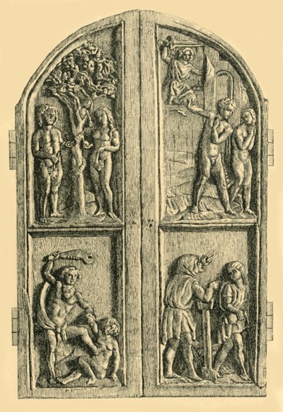 Houten diptiek met scènes uit het Boek Genesis door W. Wise