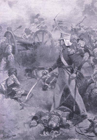 Chilianwala, 13 januari 1849: Het lichaam van Pennycuick bewaakt door zijn zoon, illustratie uit Britse gevechten op land en zee, 1915 door Wal Paget
