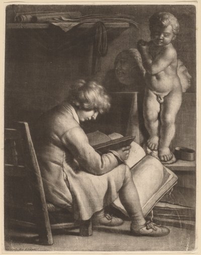 Jonge kunstenaar met een standbeeld van Cupido door Wallerant Vaillant