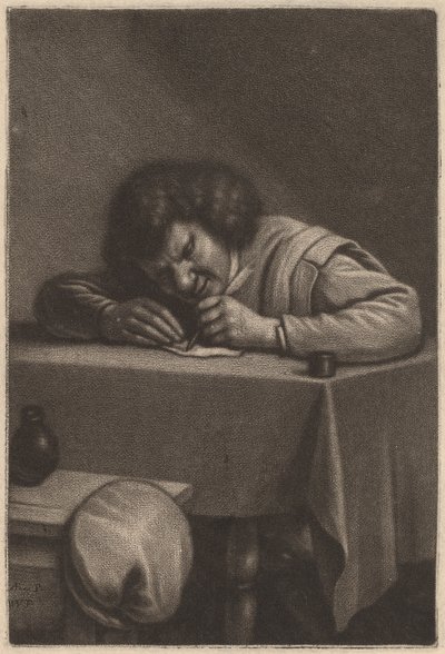 Een man die aan een tafel schrijft door Wallerant Vaillant after Adriaen Brouwer