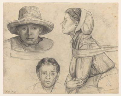 Studieblad met twee koppen en face en een vrouwenfiguur ten halven lijve en profil naar links door Wally Moes
