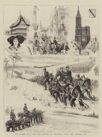 De manoeuvres van het Duitse leger, schetsen in Straatsburg tijdens het bezoek van de keizer door Walter Charles Horsley