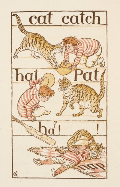 Een jongen die met een kat speelt. Illustratie in 