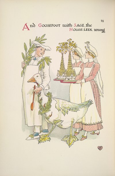 Een chef die een gans vasthoudt. Twee dames die dienbladen dragen door Walter Crane