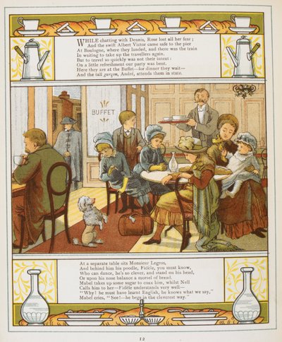 Een familie die verfrissingen neemt in een buffet. Kleur Illustratie uit 