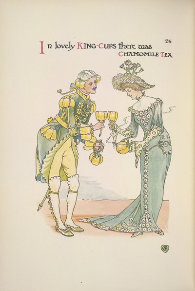 Een man en een vrouw die kopjes kamillethee vasthouden door Walter Crane