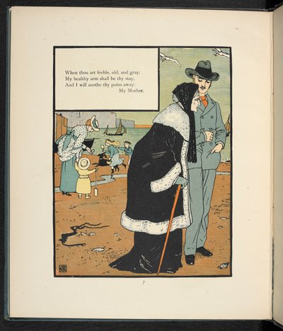 Een man met zijn moeder op het strand door Walter Crane