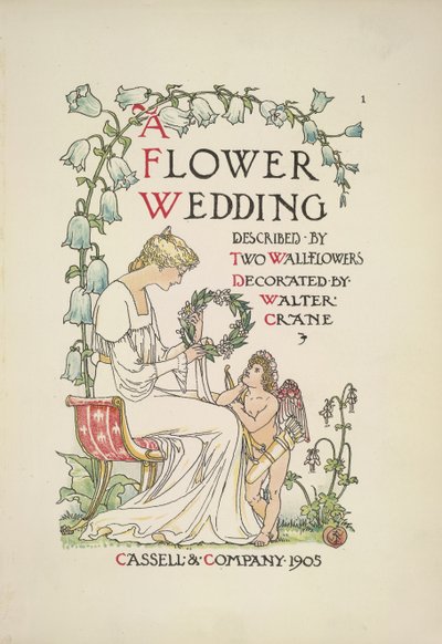 Een zittende vrouw die een krans vasthoudt; een engel die naar haar opkijkt door Walter Crane