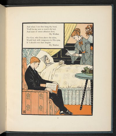 Een jonge man zit bij zijn moeder, die in bed ligt, en krijgt wat soep door Walter Crane