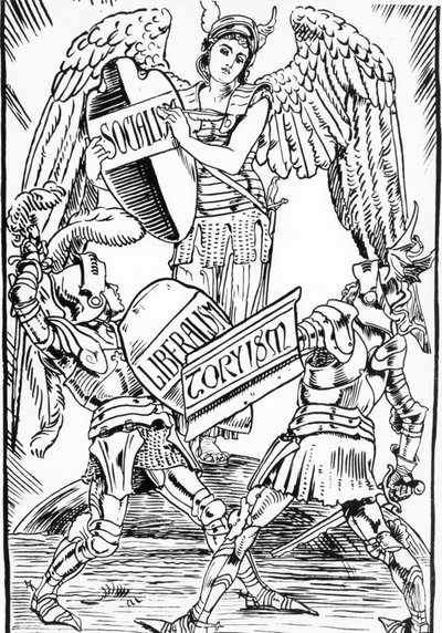 Allegorie van Walter Crane: Socialisme triomfeert hard in de strijd tussen liberalisme en Toryisme (Engelse Conservatieve Partij). Gravure uit het einde van de 19e eeuw door Walter Crane