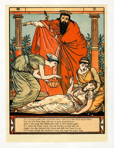 En ze valt neer in een doodslaap, uit Het Blauwbaard Prentenboek, uitgegeven 1879 door Walter Crane