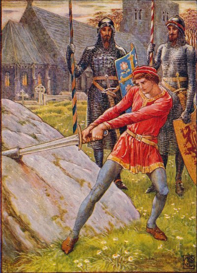 Arthur trekt het zwaard uit de steen door Walter Crane