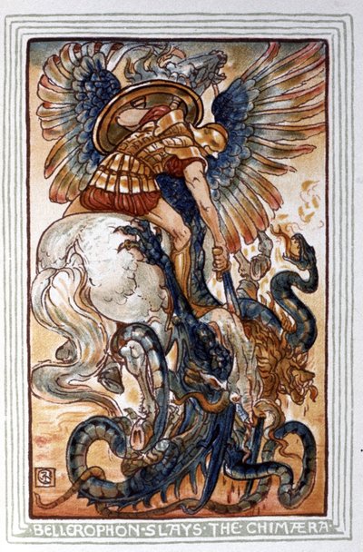 Bellerophon doodt de Chimaera, ca. 1900 (illustratie) door Walter Crane