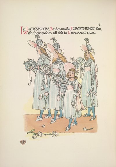 Bruidsmeisjes in vergeet-mij-niet blauwe ladysmocks door Walter Crane