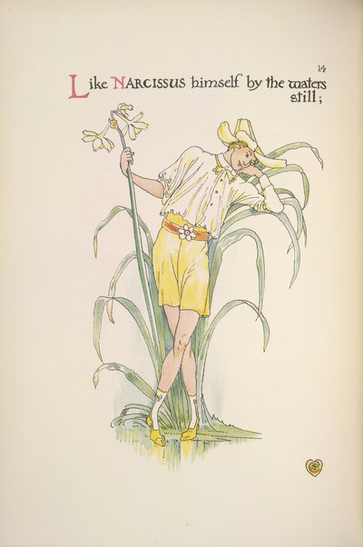 Bij het stille water. Een jonge man die aan de waterkant staat door Walter Crane