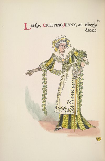 Kruipende Jenny. Een oudere dame met een wandelstok door Walter Crane