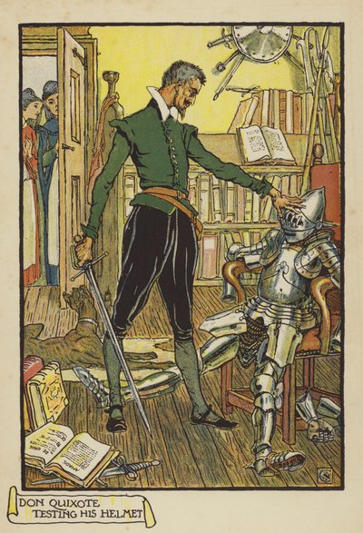 Don Quichot test zijn helm door Walter Crane