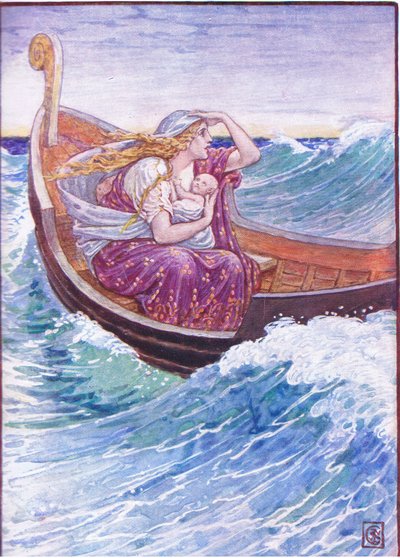 Twee dagen en twee nachten werd de boot heen en weer geslingerd, illustratie uit Het Verhaal van Griekenland, 1930s door Walter Crane