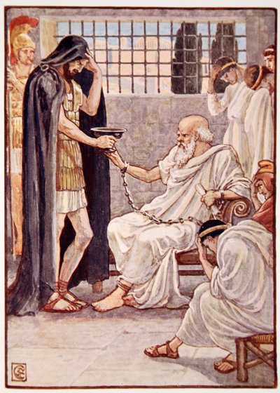 Hij dronk de inhoud alsof het een slok wijn was, illustratie uit Het verhaal van Griekenland door Mary Macgregor, 1e editie, 1913 door Walter Crane