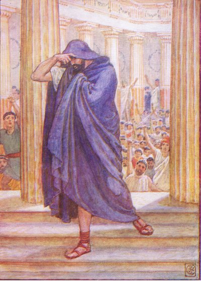 Hij verliet de Vergadering, zijn gezicht verbergend in zijn mantel, illustratie uit The Story of Greece, 1930s door Walter Crane