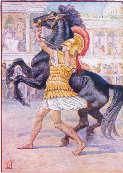 Hij rende naar het paard en greep de teugel, illustratie uit The Story of Greece, 1930s door Walter Crane