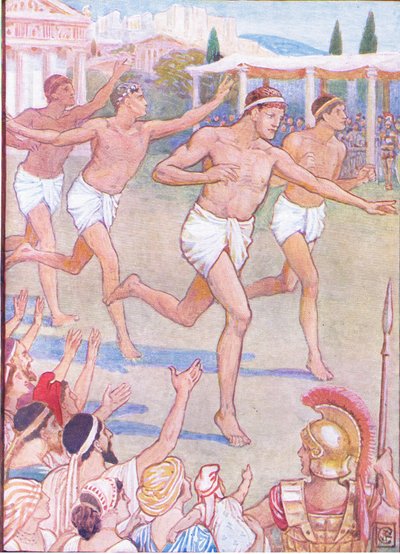 In de vroegste tijden was een eenvoudige hardloopwedstrijd het enige evenement, illustratie uit Het Verhaal van Griekenland, 1930s door Walter Crane