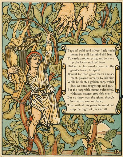 Jack daalt de Bonenstaak af uit Jack en de Bonenstaak pub. 1875 kleurenlithografie, 1875 door Walter Crane