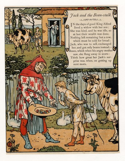 Jack verkoopt zijn koe voor bonen, uit Het Blauwbaard Prentenboek, uitgegeven 1879 door Walter Crane